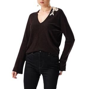 Brunello Cucinelli Brown Cashmere V-Neck Sweater Applique Detail Size XL